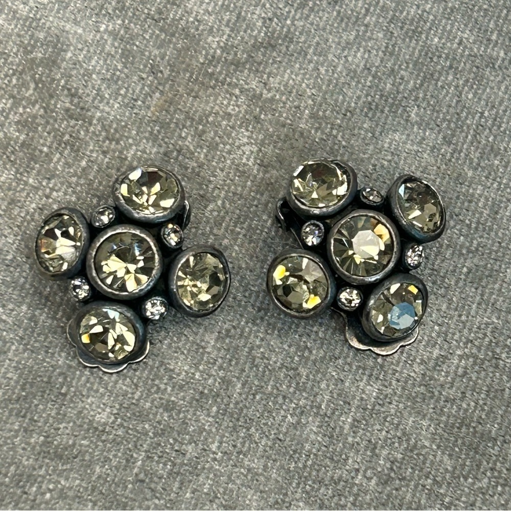Black charcoal gray chrome crystal rhinestone studded cluster clip on earings